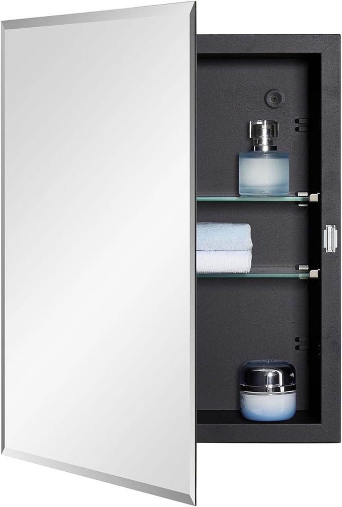 Black Bathroom Medicine Cabinet with Beveled Edge Mirrored Door 14 x 18 inch, Recessed or Surface Mount, with Adjustable Glass Shelves