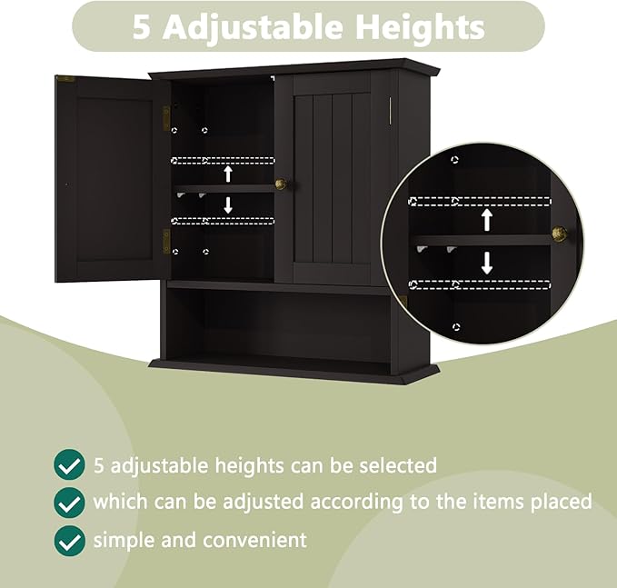 Smuxee Brown Bathroom Cabinet Wall Mounted, Small Medicine Cabinet with 2 Door Adjustable Shelves, Wall Cabinet Over Toilet for Laundry Room Kitchen