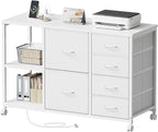 6 Drawer File Cabinet with Charging Station Rolling Printer Stand with Open Storage Shelf Fabric Lateral Filing Cabinet for Home Office,White