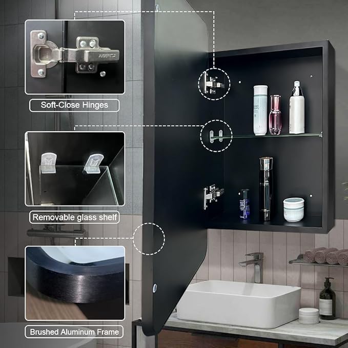 16×24inch Medicine Cabinet,Mirror Cabinet with Beveled Mirror,Soft Close Hinge,Brushed Metal Framed,Detachable Side Plate for Recess Mount or Surface Mount,Black