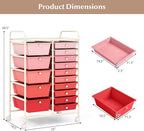 RELAX4LIFE 15-Drawer Storage Drawer Carts - Mobile Rolling Utility Cart w/Wheels, Craft Organizer for Classroom Organization and Storage, School, Office, Home, Storage Organizer Cart (Gradient Pink)