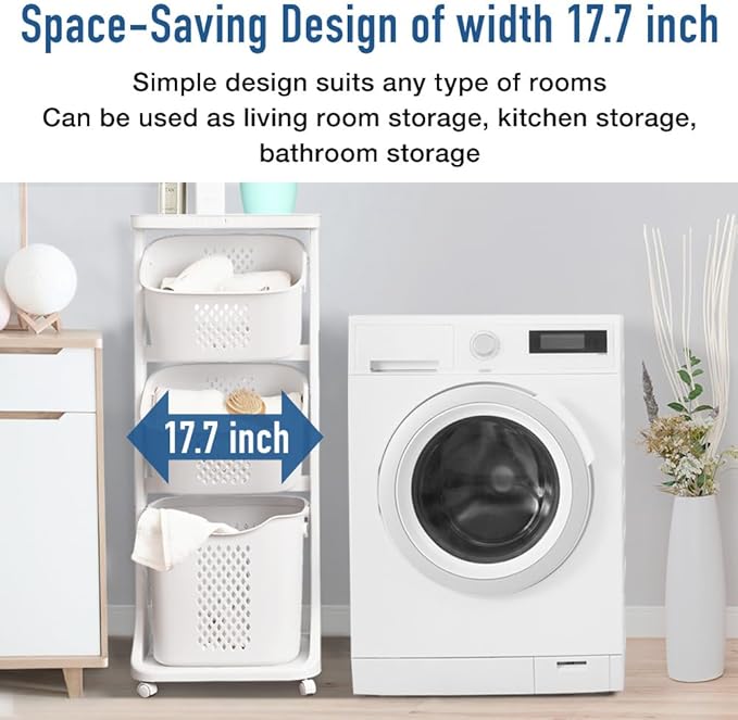 Japard 83 Litres Rolling Laundry Hamper Ultra Slim, Vertical 3 Sorter Cart with Wheels and Breaks, 3-tier Baskets Detachable for Dorm, Closet, Easy Assembly White Gray