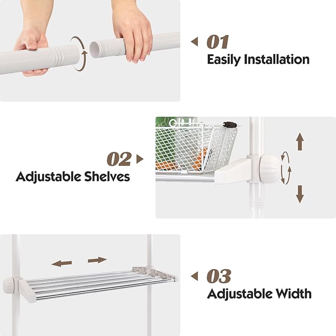 YeYeBest Over The Toilet Storage, Bathroom Organizer 4-Tier Adjustable Shelves for Small Room, Saver Space, 91 to 124 Inch Tall Stainless Steel White