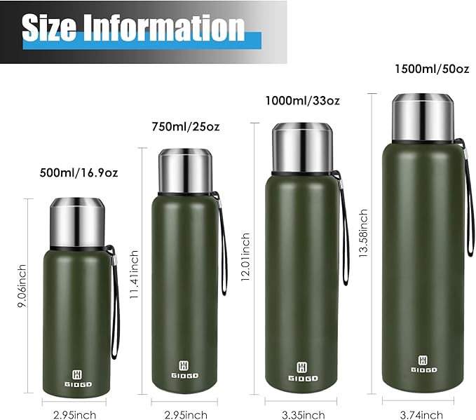 Insulated vacuum Thermo Bottle 1500ml/50.7oz with cup Stainless steel coffee bottles for hot and cold drink water flask.(Green,1500ml)