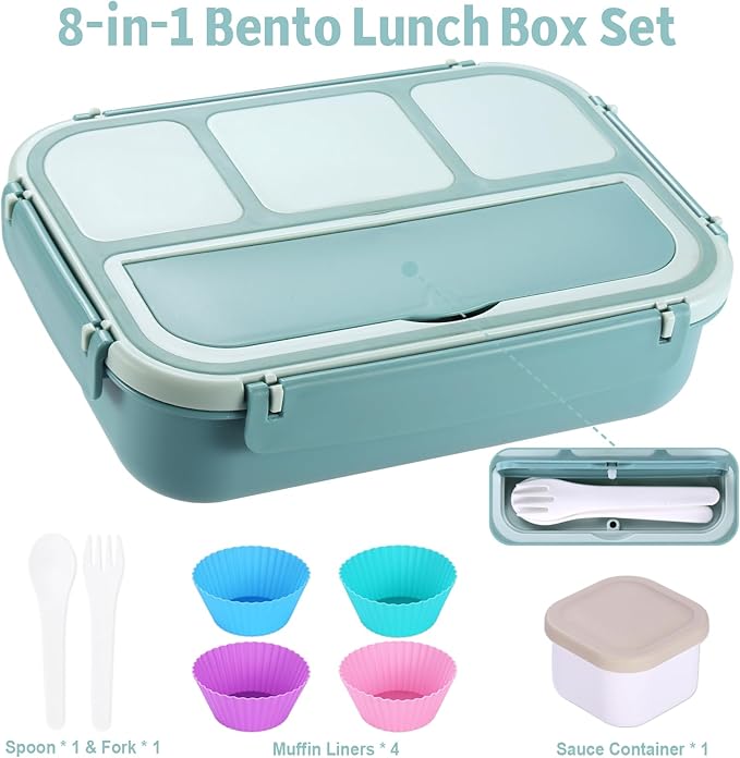 Bento Box Adult Lunch Box, Lunch Containers for Kids Girls Boys with 4 Compartments, Lunchable Food Container with Utensils, Sauce Jar, Muffin Liners, 40 Oz/5 Cup, Light Teal