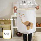 INough Baby Laundry Basket Laundry Hamper, Canvas 58L XL Baby Clothes Basket, Collapsible Brown Laundry Basket for Nursery Toy Baskets with Drawstring Closure, KidsRoom Decor for Boys