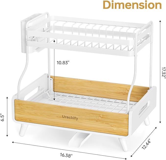 2-Tier Dish Drying Rack, Large Stainless Steel & Bamboo Dish Rack for Kitchen Counter, Dish Drainers with Adjustable Automatic Spout, Drying Rack Kitchen with Utensil Holder, White