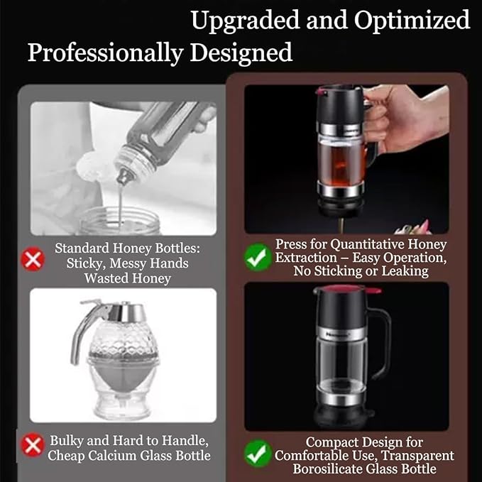 No-Drip Honey Dispenser, 2026 New Glass Honey Dispenser, No Drip Glass Honeys Dispensers with Stand, Maple Syrup Dispensers, Syrup and Jam, Honeys Container with Handle (Black)