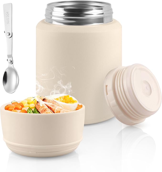 Thermo for Hot & Cold Food, 17oz Insulated Food Jar with Handle Spoon, Thermal Lunch Container, 316 Stainless Steel Lunch Box for Men Women, Keeps food Hot for 12 Hours or Cold for 24 Hours(White-S)