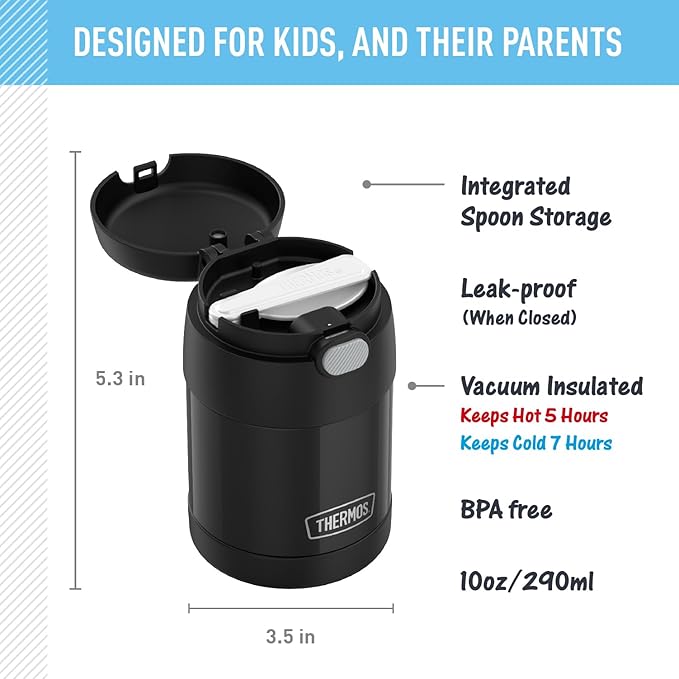 THERMOS FUNTAINER Insulated Food Jar, 10 Ounce, Kid Friendly Food Jar with Foldable Spoon, Black