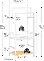 HOOBRO Free Standing Towel Rack, Blanket Rack with 3 Towel Bars, Storage Basket and Shelf, Towel Holder with Hook, Blanket Organizer, for Bathroom and Laundry, White and Natural WN13LB01