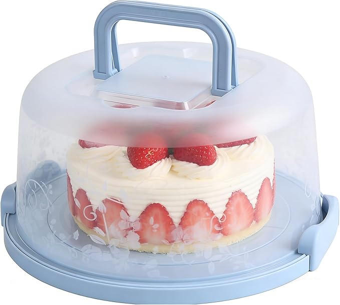 FEOOWV Plastic Small Cake Carrier Holder Round Container with Handle Suitable for 6~8 inch Diameter and 4 inch Height Small Cake (Blue)