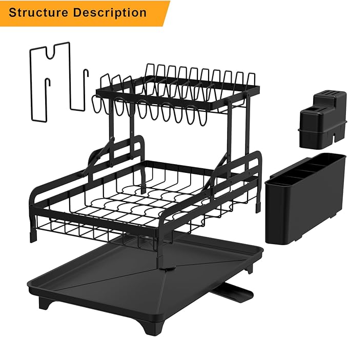 2 Tier Metal Dish Drying Rack Without Installation Sturdy Dish Racks for Kitchen Counter with Drain Board Multifunctional Storage and Drainage Apartment Essentials Medium Size