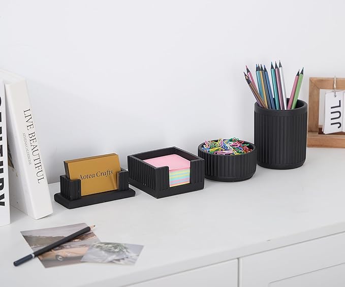 Set of 4 - Concrete Desk Accessories For Modern, Industrial, Minimalist Office Decor- Aesthetic Desk Organizers Accessories For Women or Men- Pen, Business Card Holder & Sticky Note, Paper Clip Holder