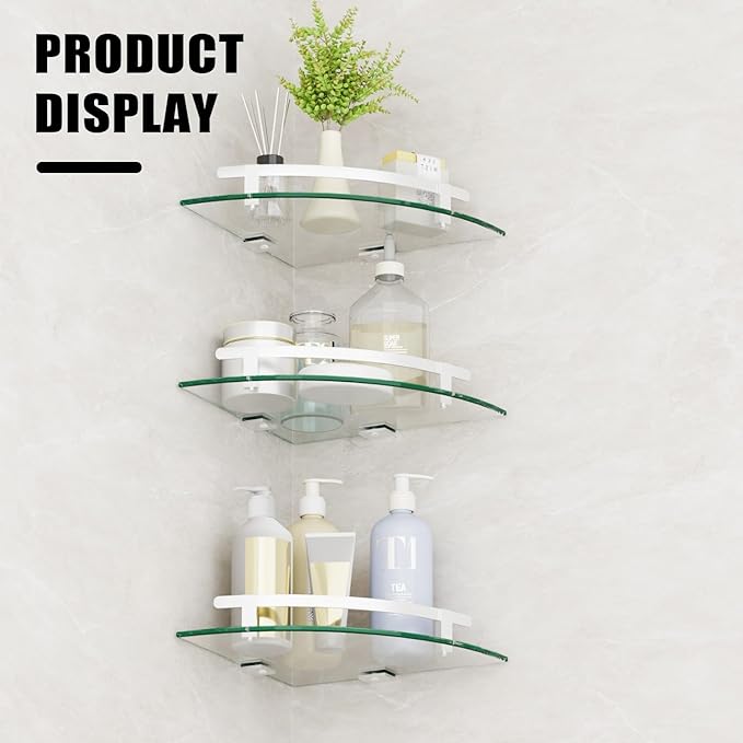 Glass Corner Shelf for Bathroom Corner Shelf, 3 Pack Tempered Glass Shelf with Silver Metal Rails,Suitable for Bathroom