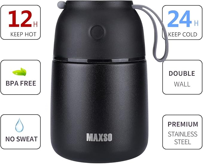 MAXSO Soup Thermo for Hot & Cold Food for Adults Kids, 17 oz Vacuum Insulated Steel Lunch Container Bento Box with Spoon, Leakproof Thermal Food Jar for School Office Travel - Black