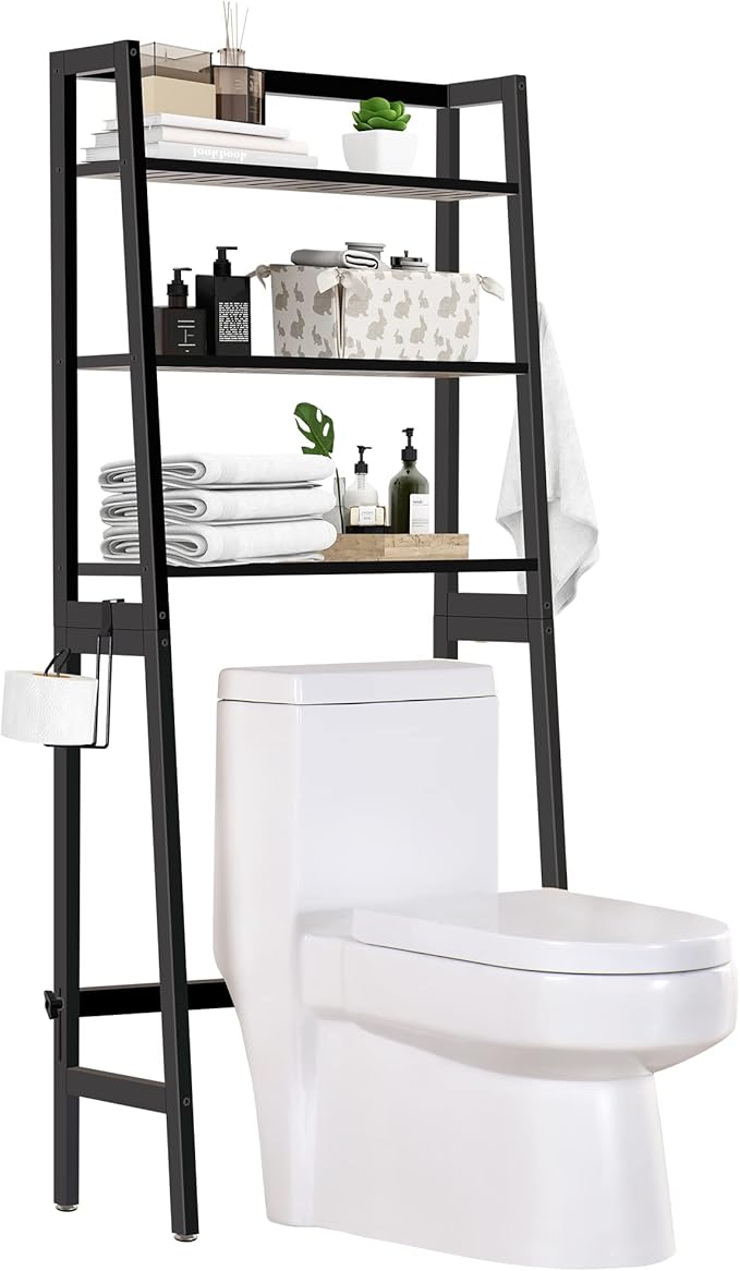 MallKing Over The Toilet Storage, Wooden 3-Tier Over-The-Toilet Rack Bathroom Space Saver Organizer, Freestanding Above Toilet with Toilet Paper Holder and Hooks (Black)