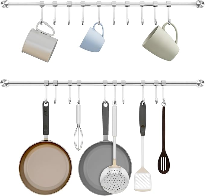 Kitchen Utensil Rack 2 Pack, 20.9 Inch Pots and Pans Hanging Rack Wall Mounted, 304 Stainless Steel Lid Cooking Utensil Hanger
