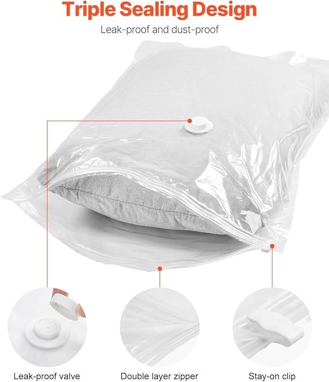 VEVOR Vacuum Storage Bags, 10 Jumbo Space Saver Vacuum Seal, Compression Airtight Space Bags, Zipper Sealer Bags for Clothes, Bedding, Blanket, Pillows, Comforters, Travel (Hand Pump Included)