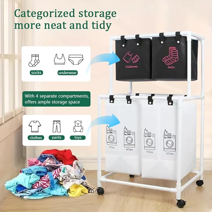 2-Tier Laundry Sorter Basket with Wheels 4 Sections Removable Hamper Organizer for Dirty Clothes Bathroom Cloakroom