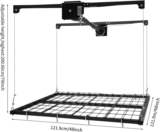 Overhead Garage Storage Rack, 48 * 48in Metal Garage Ceiling Rack Adjustable Organization System 300 Lb Weight Capacity Dual-Rope Design Rotating Handle for Storing Tools and Items