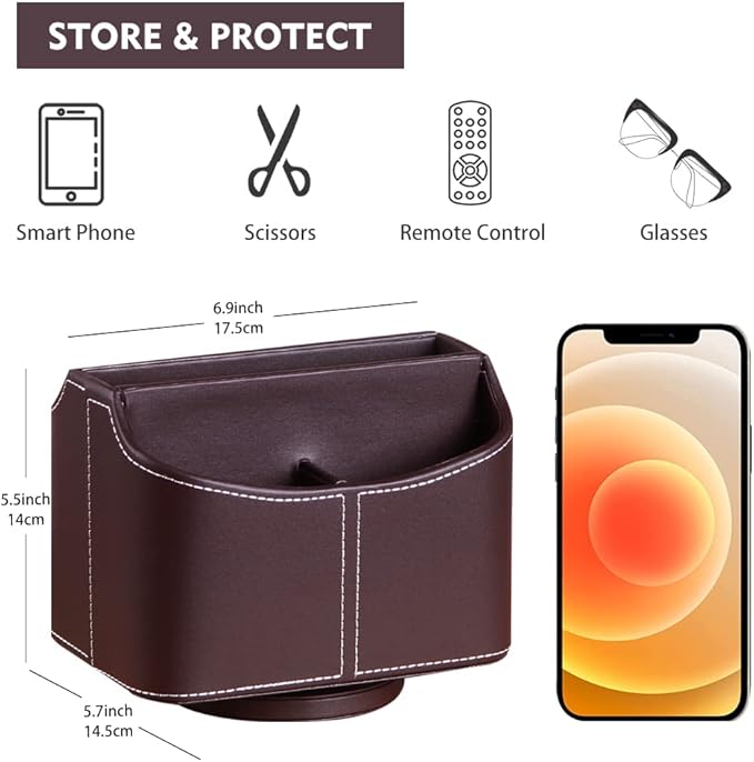 Fanousy 360° Rotating Remote Control Holder, PU Leather TV Remote Caddy Organizer Basket Storage Box with 5 Compartments for Pen, Pencil, Art Supplies, Makeup Brush, Office Desk Table Accessories