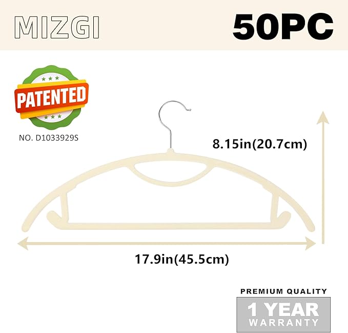 MIZGI Premium Velvet Hangers 50-Pack,No Shoulder Bump Hangers W/Tie Bar Ultra Thin Space Saving Non Slip Hanger Heavy Duty Felt Rounded Clothes Hanger for Sweaters,Coat,Jackets,Pants,Shirts