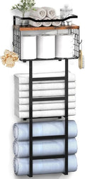 Towel Racks for Bathroom, 34IN Towel Rack Wall Mounted with 2 Pack Towel Shelf and a Wire Basket, Rolled Towel Holder Shelf Bathroom Storage and Organizer, Sturdy Metal & Wood, Black