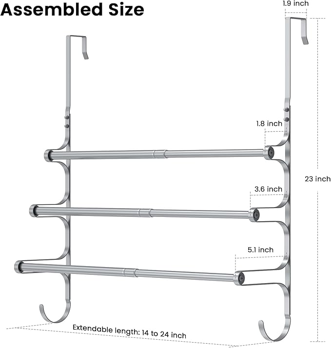 Over The Door Towel Rack, Over Door Towel Rack for Bathroom Door, Triple Towel Storage Holder with Hooks (Silver)