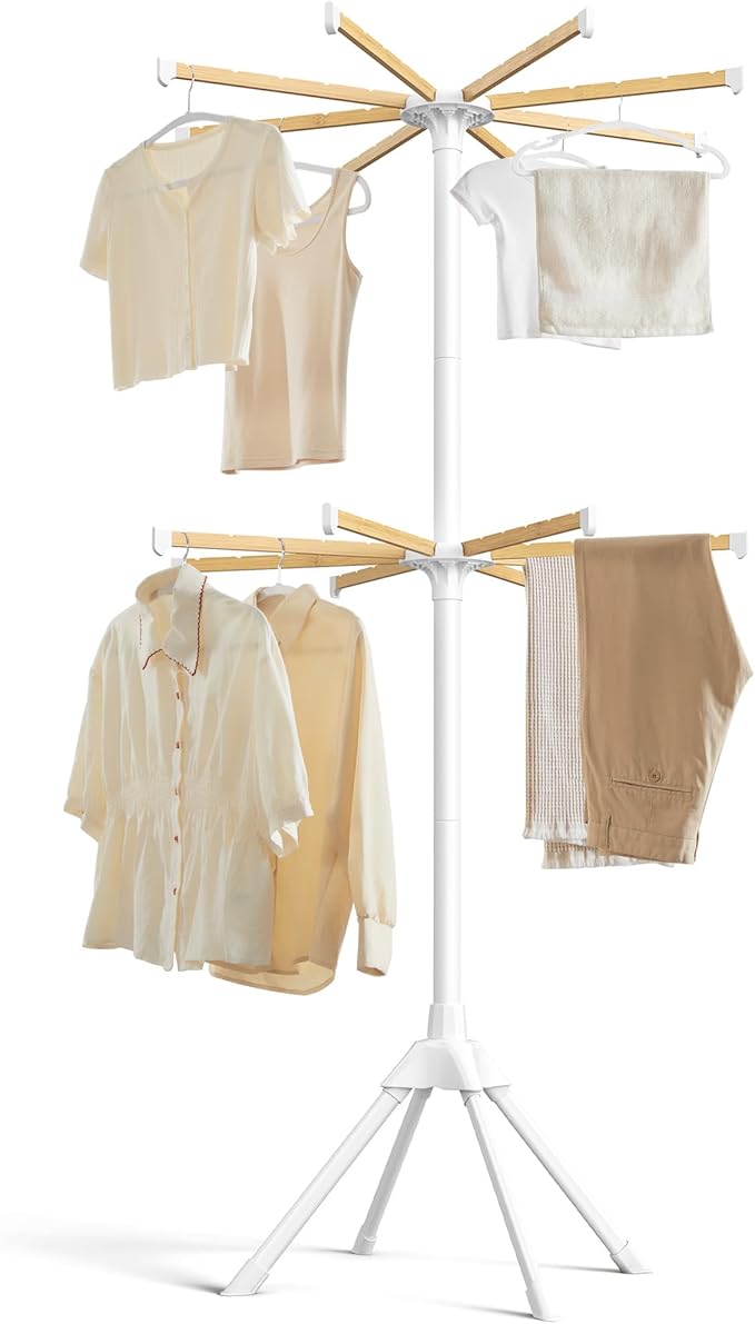 SONGMICS Clothes Drying Rack 2-Tier, with Bamboo Hanging Rods, Foldable Metal Laundry Rack, Space-Saving, Free-Standing Airer, Indoor Use, White and Natural ULLR517W01