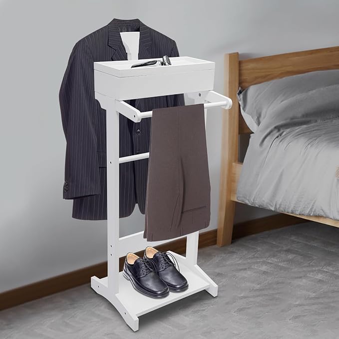 Wood Mens Valet Stand Multifunction Clothes Valet Floorstanding Suit Stand Rack with Drawer & Shoe Rack for Bedroom, Entryway, Hotel, Home Office Use (White)