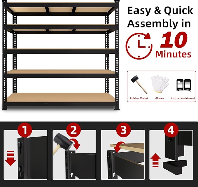 6 Packs 48" W x 24" D x 72" H Adjustable Garage Storage Shelves - 5-Shelf Heavy Duty Shelving Unit, Metal Utility Storage Organizer Racks for Warehouse Pantry Closet Kitchen, Black