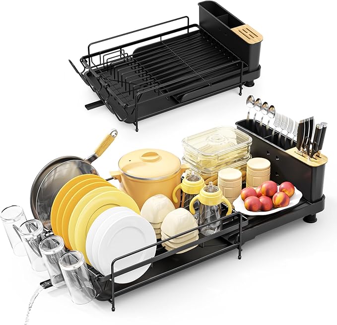 Large Dish Drying Rack, Multifunctional Dish Rack for Kitchen Counter, Expandable Dish Drainers with Drainboard Utensil Holder, Cup Holder, Black