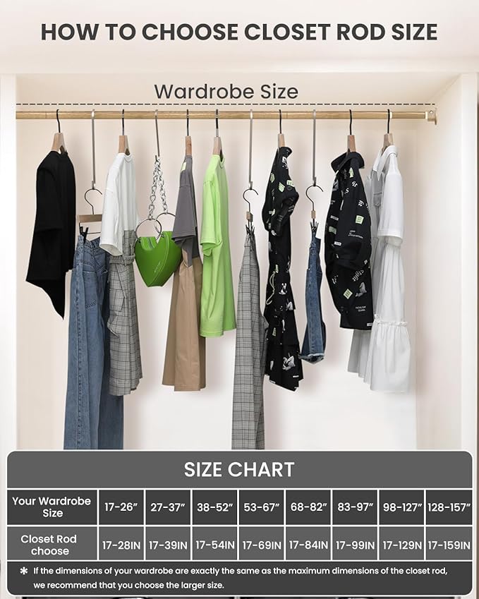 Closet Rods for Hanging Clothes, 17 to 54 Inches Stepless Adjustable Metal Closet Rod, 1.3 Inches Heavy Duty Clothes Hanging Rod for Closet Wardrobes Laundry RV(Wood Grain)