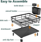 Iron Dish Drying Rack with Drainboard Dish Drainers for Kitchen Counter Extendable Spout Strainers with Utensil Holder and Knife Slots, Black