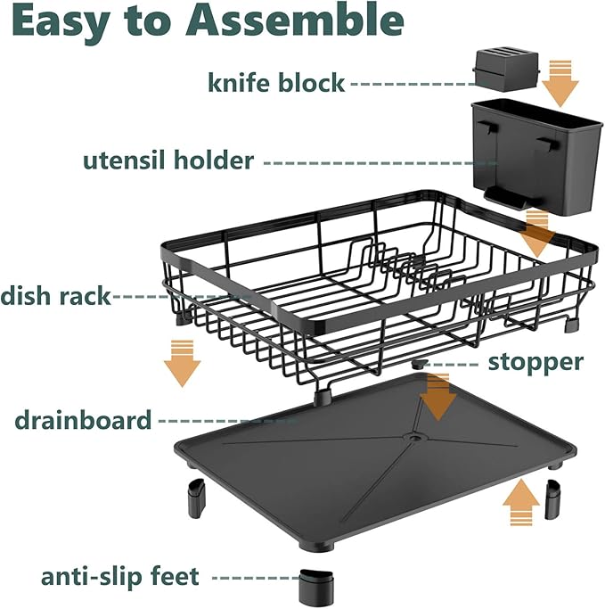Iron Dish Drying Rack with Drainboard Dish Drainers for Kitchen Counter Extendable Spout Strainers with Utensil Holder and Knife Slots, Black