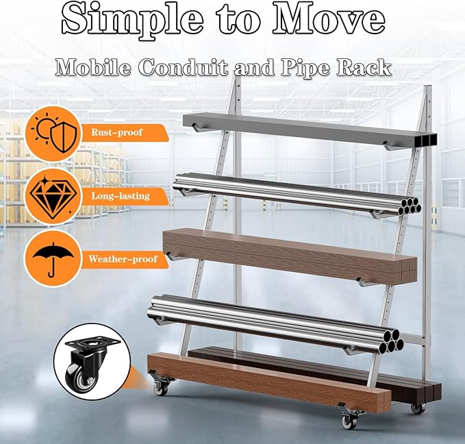 Heavy Duty Horizontal Storage Rack with 3 Inch Wheels 2 Fixed & 2 Swivel, Mobile Material Handling Conduit Pipe Rack Holds up to 2000lbs, 4.2ft x 2.1ft x 5.2ft