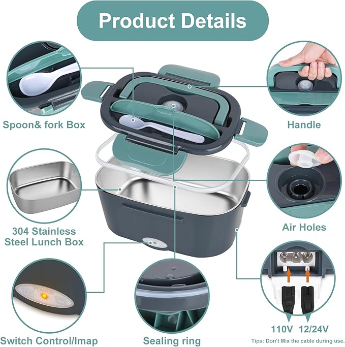Electric Lunch Box Food Heater, 3 in 1 Ultra Quick Heated Lunch Boxes for Adults, 12V/24V/110V Portable Food Warmer for Car/Truck/Office With Fork Spoon and Insulated Carry Bag