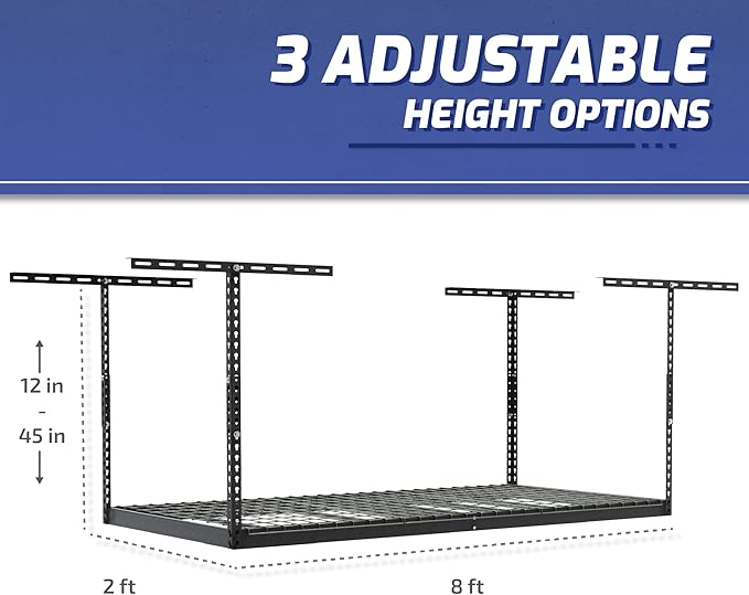 SafeRacks 2x8 Overhead Garage Storage Rack - 400 Pound Weight Capacity Height Adjustable Steel Ceiling-Mounted Rack with Accessories (Hammertone) (24"-45")