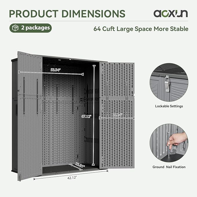 Aoxun Outdoor Storage Shed with Floor, 61 Cu.Ft Large Outdoor Storage Cabinet, Waterproof Vertical Resin Shed for Garden Tools, Pool Equipment, Dark Grey