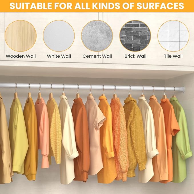 Closet Rods for Hanging Clothes, 17-84 Inch No-Cut Stepless Adjustable Closet Rod, 1.3 Inch Heavy Duty Metal Closet Hanging Rod with Brackets, White Closet Bar for Closet, Laundry Room, RV, Wardrobes