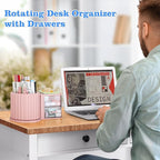 LETURE Rotating Office Desk Organizers and Accessories with 2 Drawer, Pencil Pen Marker Holder for Desk, Desktop Storage Organizers and Accessories for Office Home Art Supplies (Pink)
