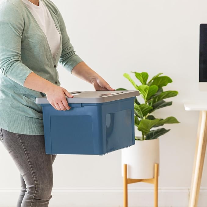 IRIS USA File Box Plastic File Organizer for Letter/Legal File, Document Box, Durable Storage Bin Tote with Secure Latching Lid, Stackable, BPA-Free, Eco Friendly, Sustainable, Navy/Gray 35 Qt. 4 Pack
