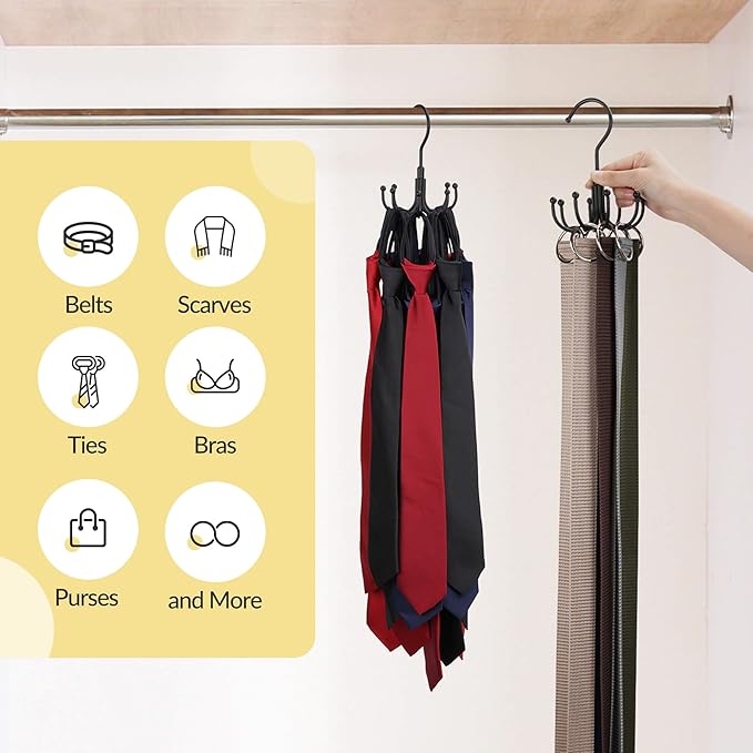 2 Pack Belt Hanger, Space Saving Belt Organizer for Closet, Max 48 Storage Capacity, Rotating Belt Rack Closet Organizers and Storage for Hanging Belt, Ties, Black