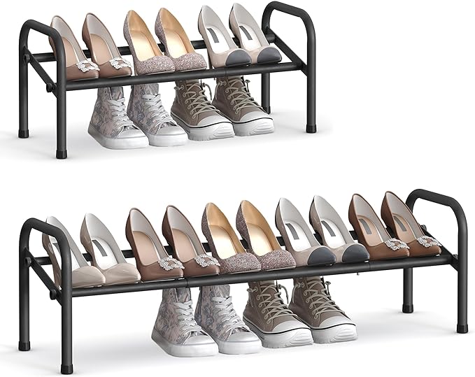 SONGMICS Expandable Shoe Rack, 1 Tier Shoe Rack Shelf, Adjustable Shoe Organizer Storage for 10 Pairs of Shoes, Metal Free Standing Shoe Racks for Closet, Front Door Entryway, Easy Assembly, Ink Black