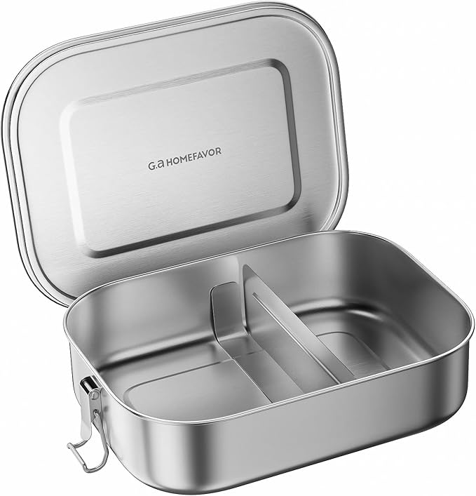 G.a HOMEFAVOR Stainless Steel Bento Lunch Box - Leak-Proof Metal Bento Box, Large Food Container with Lock Clips, Snack Container, Dishwasher Safe, 2 Compartments, 1200 ml/40 oz