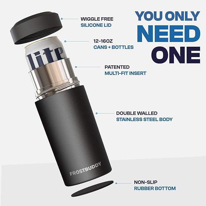 Frost Buddy Universal Can Cooler - Fits all - Stainless Steel Can Cooler for 12 oz & 16 oz Regular or Slim Cans & Bottles - Stainless Steel