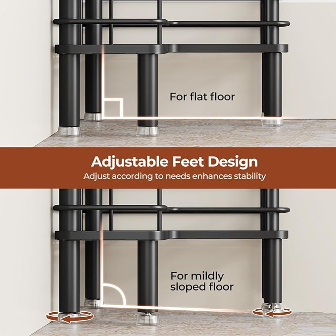 Orimade Rustproof 2 Tier Floor Standing Corner Shower Caddy Organizer with Toothbrush Holder, Large Spacing Floor Shower Shelf Rack Storage Stands with Hooks for Bathroom Kitchen, Black