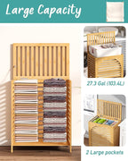Laundry Hamper with Lid, 27.3 Gallon (103L) Bamboo Wood Clothes Laundry Basket with Lid and Handles, Removable Liner