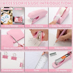 18 Pack Pink Office Supplies Desk Accessories for Women Desk Organizer Box Calculator Staple Remover Stapler Scissors Clips Mouse Pad Sticky Notes Index Notes Tape Dispenser Ruler Tap Pen